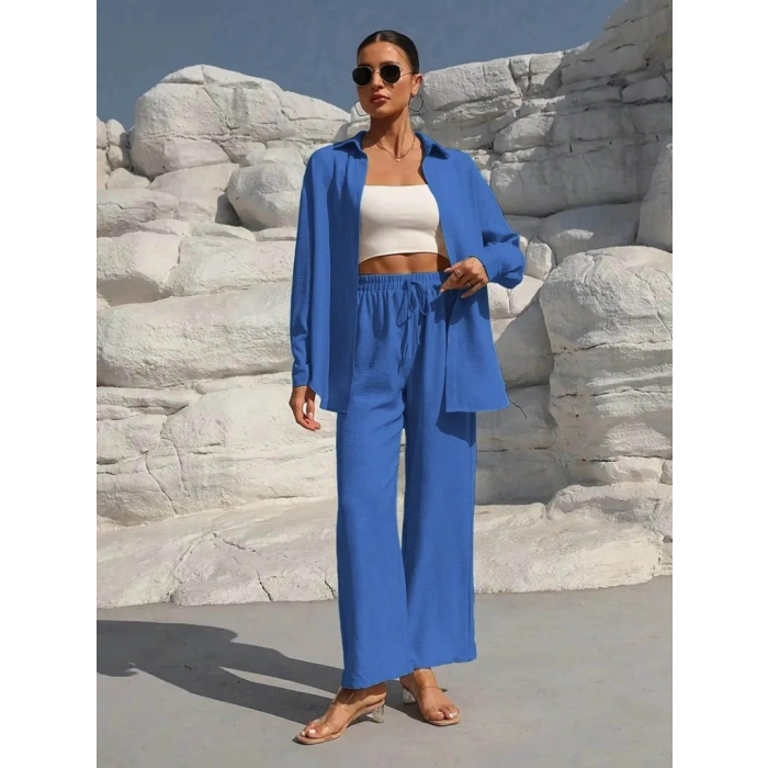 Kadın Uzun Kollu önü Açık Dokuma Ceket Ve Pantolon Ikili Takım