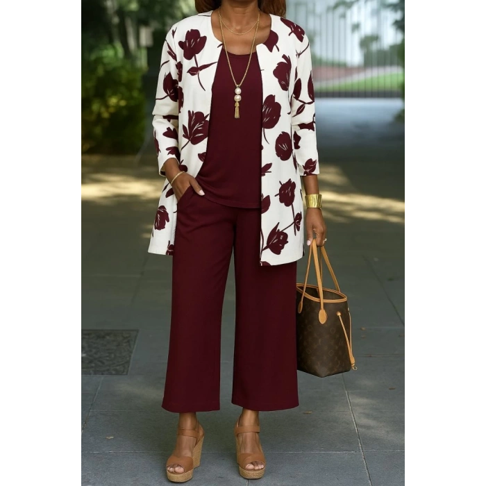 Kadın Uzun Kollu önü Açık Modal Ceket Kolsuz Viskon Iki Iplik Bluz Ve Pantolon üçlü Takım