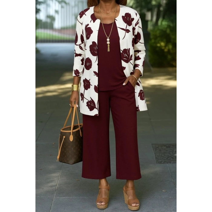Kadın Uzun Kollu önü Açık Modal Ceket Kolsuz Viskon Iki Iplik Bluz Ve Pantolon üçlü Takım