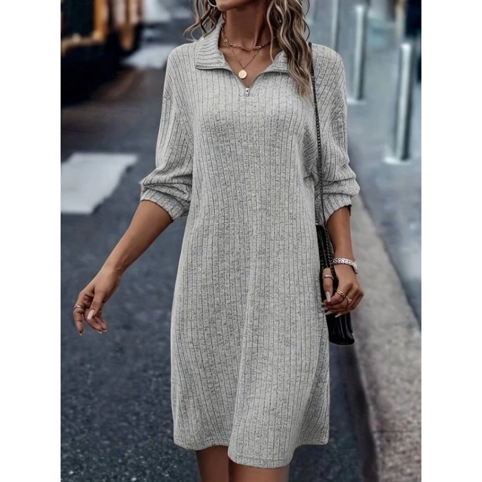 Kadın Uzun Kollu Polo Yaka Fermuar Detaylı şardonlu Kaşkorse Mini Boy Elbise