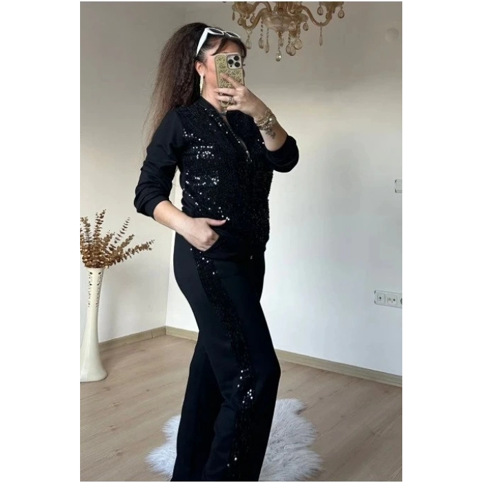 Kadın Uzun Kollu Pul Payet Detay Fermuarlı Iki Iplik Kumaş Ikili Takım