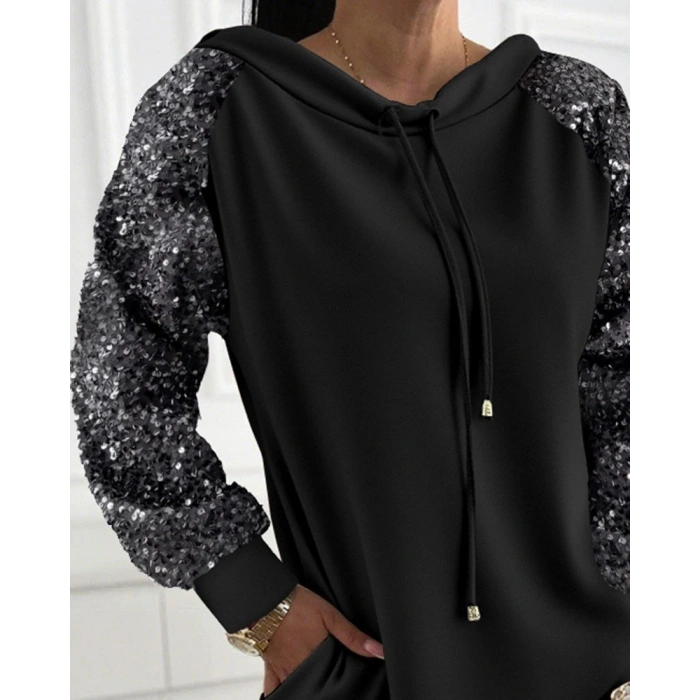 Kadın Uzun Kollu Pulpayetli Bağcıklı Cep Detaylı Mini Viskon Iki Iplik Elbise