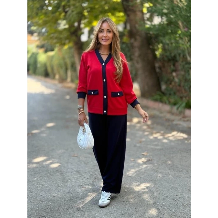 Kadın Uzun Kollu Ribanali Cep Detay Hırka Ve Bol Paça Pantolon Ikili Takım