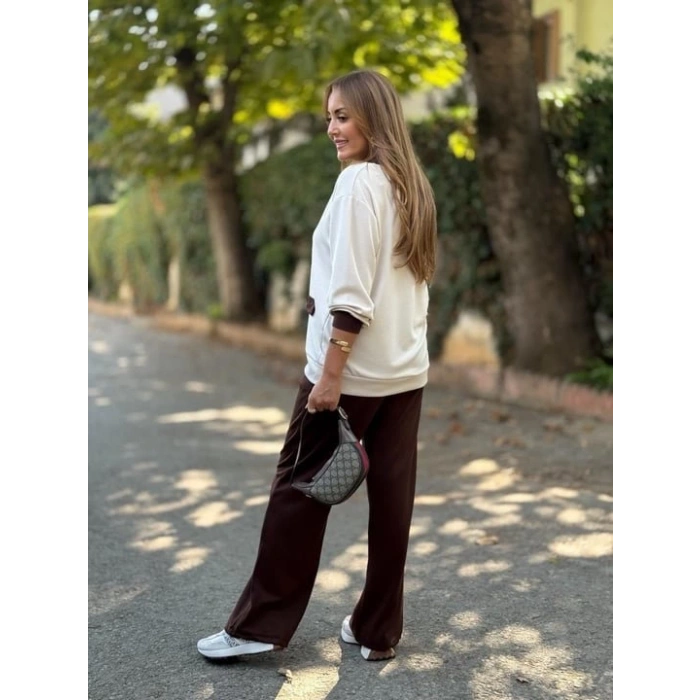 Kadın Uzun Kollu Ribanali Cep Detay Hırka Ve Bol Paça Pantolon Ikili Takım