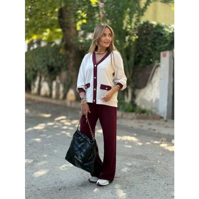 Kadın Uzun Kollu Ribanali Cep Detay Hırka Ve Bol Paça Pantolon Ikili Takım