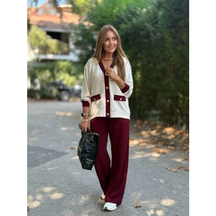 Kadın Uzun Kollu Ribanali Cep Detay Hırka Ve Bol Paça Pantolon Ikili Takım