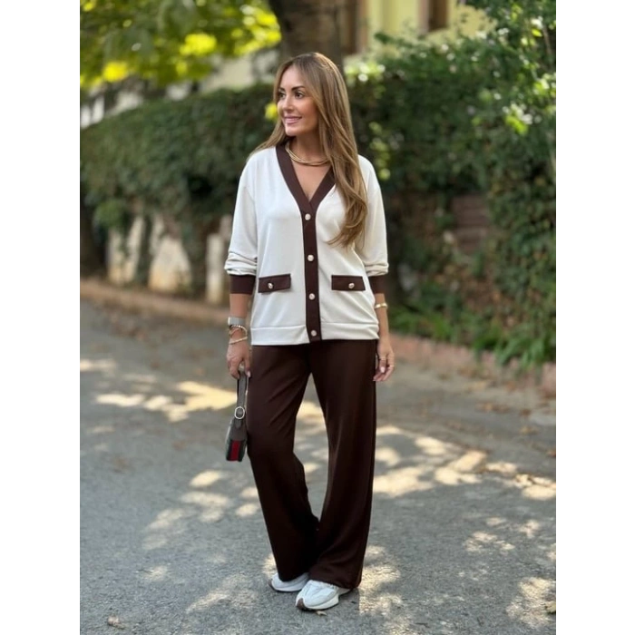 Kadın Uzun Kollu Ribanali Cep Detay Hırka Ve Bol Paça Pantolon Ikili Takım