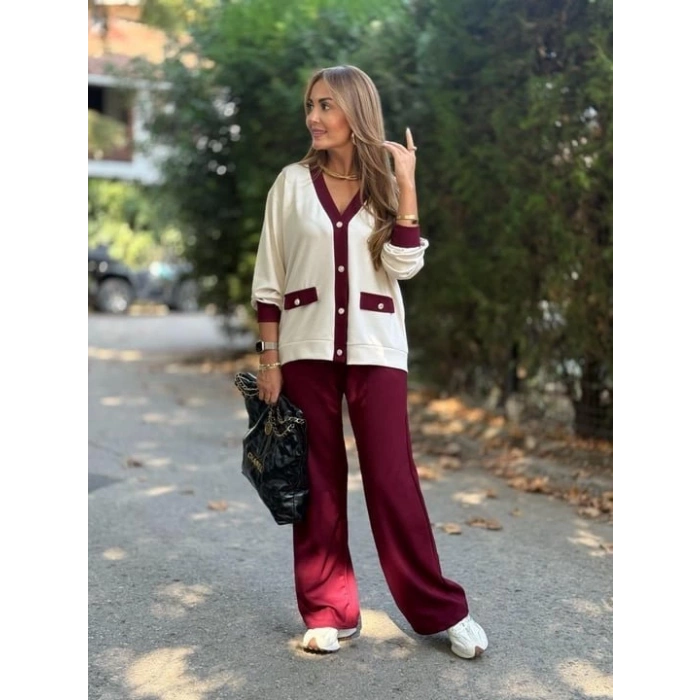 Kadın Uzun Kollu Ribanali Cep Detay Hırka Ve Bol Paça Pantolon Ikili Takım