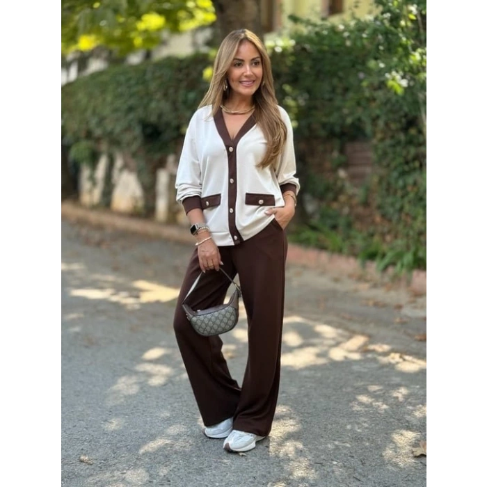 Kadın Uzun Kollu Ribanali Cep Detay Hırka Ve Bol Paça Pantolon Ikili Takım