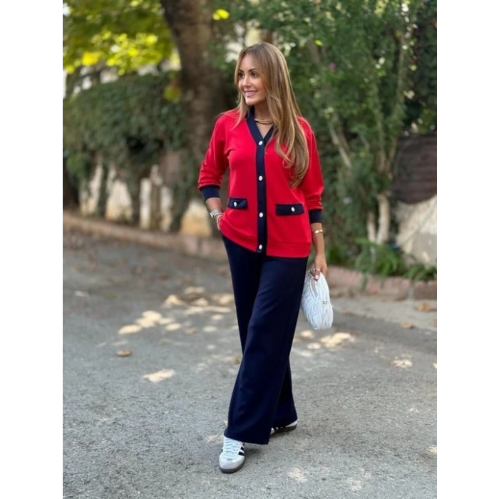 Kadın Uzun Kollu Ribanali Cep Detay Hırka Ve Bol Paça Pantolon Ikili Takım
