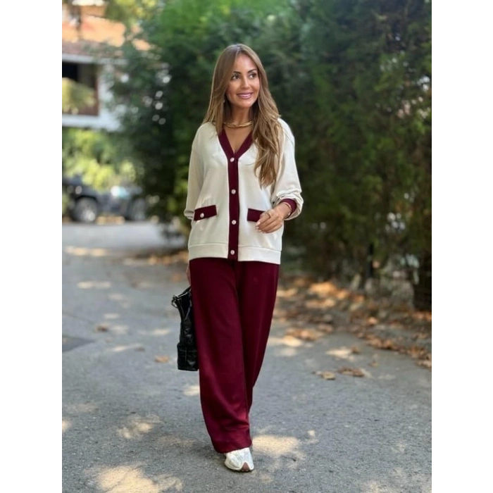 Kadın Uzun Kollu Ribanali Cep Detay Hırka Ve Bol Paça Pantolon Ikili Takım