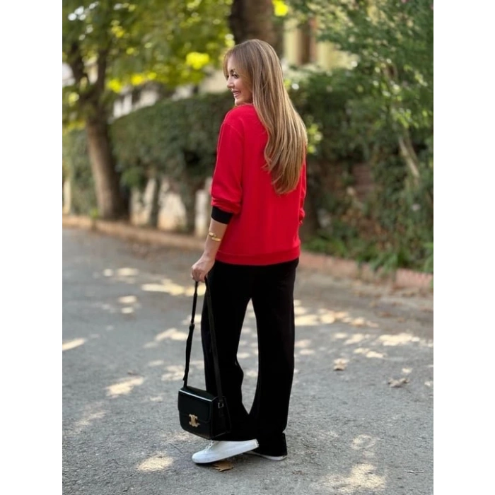 Kadın Uzun Kollu Ribanali Cep Detay Hırka Ve Bol Paça Pantolon Ikili Takım