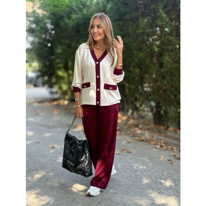 Kadın Uzun Kollu Ribanali Cep Detay Hırka Ve Bol Paça Pantolon Ikili Takım