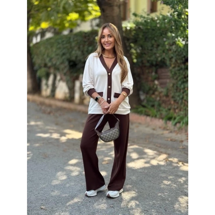 Kadın Uzun Kollu Ribanali Cep Detay Hırka Ve Bol Paça Pantolon Ikili Takım