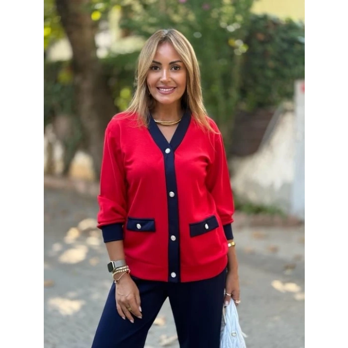 Kadın Uzun Kollu Ribanali Cep Detay Hırka Ve Bol Paça Pantolon Ikili Takım