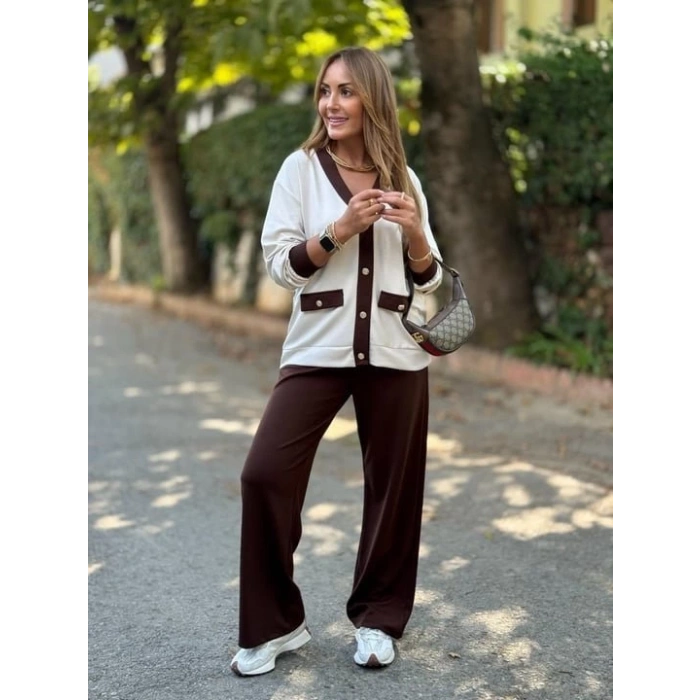 Kadın Uzun Kollu Ribanali Cep Detay Hırka Ve Bol Paça Pantolon Ikili Takım