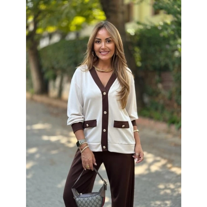 Kadın Uzun Kollu Ribanali Cep Detay Hırka Ve Bol Paça Pantolon Ikili Takım