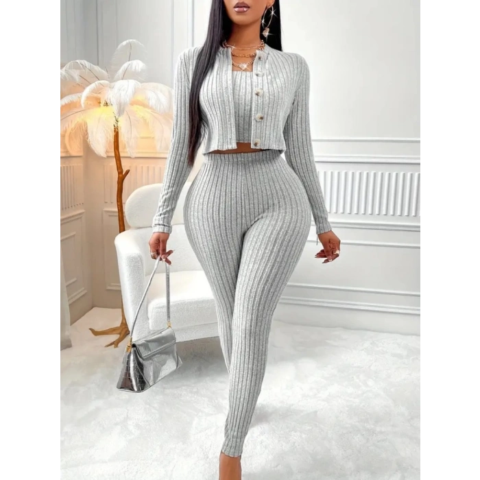 Kadın Uzun Kollu Straplez şardonlu Kaşkorse Bluz önü Düğmeli Ceket Ve Tayt Pantolonlu üçlü Takım