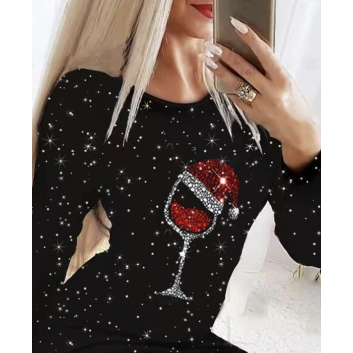 Kadın Uzun Kollu Taş Kadeh Baskı Dalgıç Mini Boy Elbise