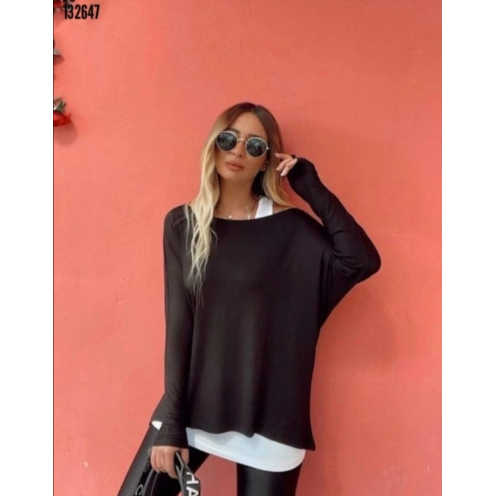 Kadın Uzun Kollu Tek Omuzdan Açık çilek Bluz Ve Viskon Atlet Ikili Takım