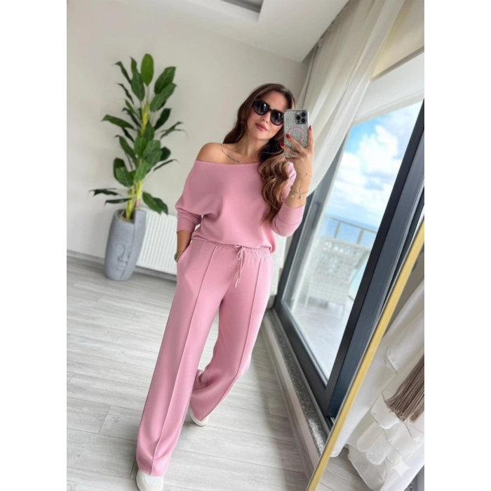 Kadın Uzun Kollu Tek Omuzdan Açık Dalgıç Bluz Ve Pantolon Ikili Takım