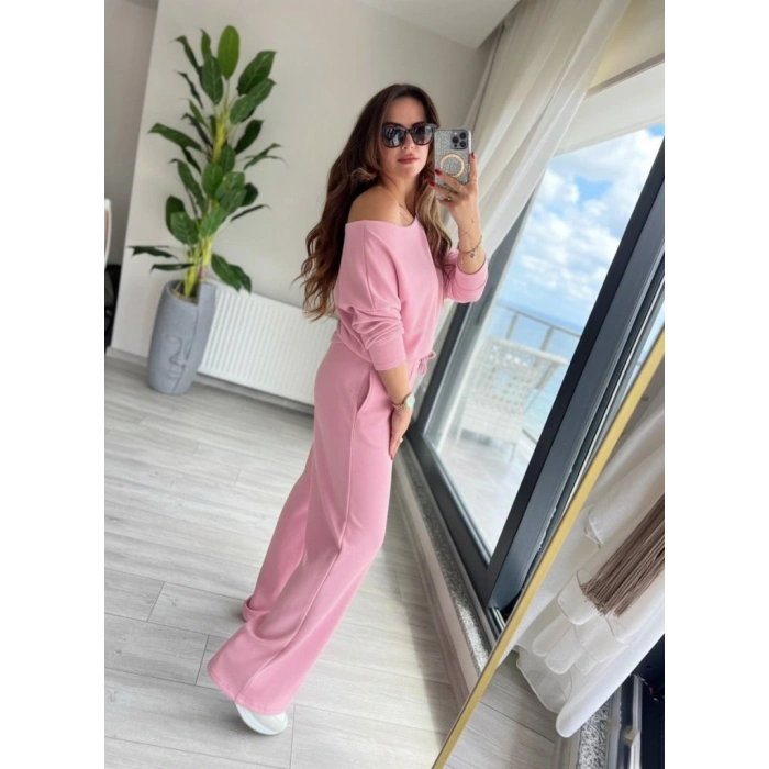 Kadın Uzun Kollu Tek Omuzdan Açık Dalgıç Bluz Ve Pantolon Ikili Takım