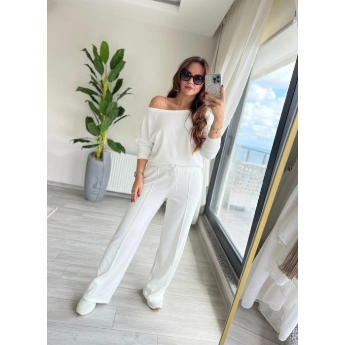 Kadın Uzun Kollu Tek Omuzdan Açık Dalgıç Bluz Ve Pantolon Ikili Takım