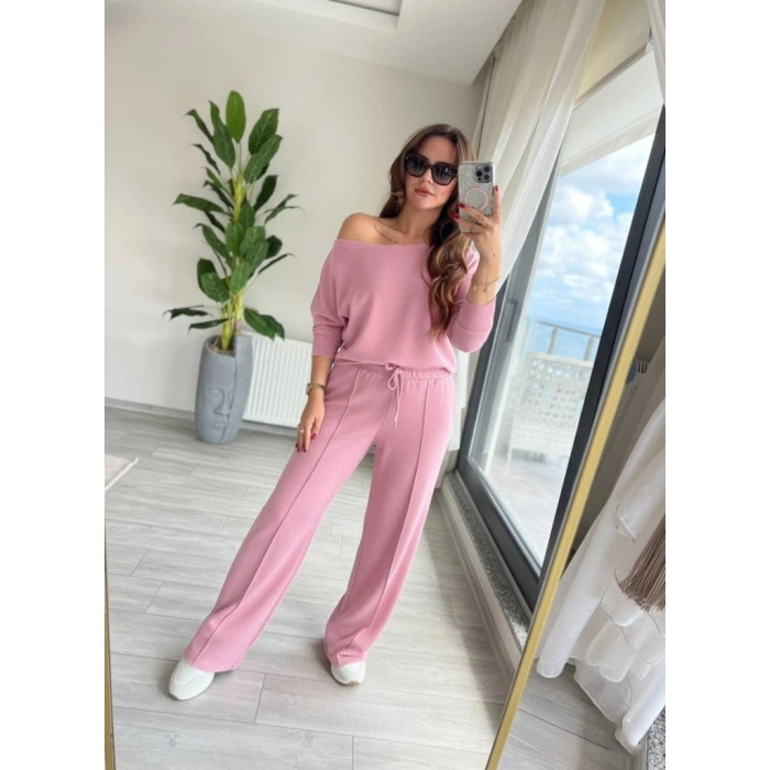 Kadın Uzun Kollu Tek Omuzdan Açık Dalgıç Bluz Ve Pantolon Ikili Takım