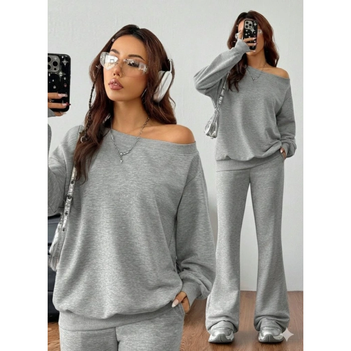 Kadın Uzun Kollu Tek Omuzdan Açık Iki Iplik Bluz Ve Pantolon Ikili Takım