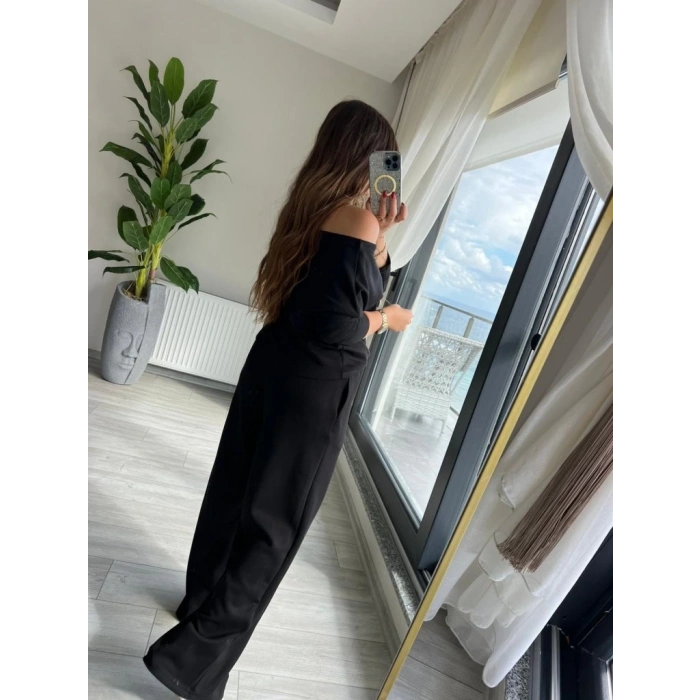 Kadın Uzun Kollu Tek Omuzdan Açık Modal Bluz Ve Pantolon Ikili Takım