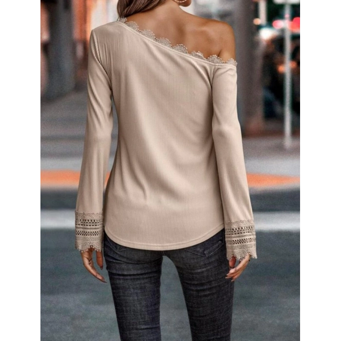 Kadın Uzun Kollu Tek Omuzu Açık Dantelli Burgu Bluz