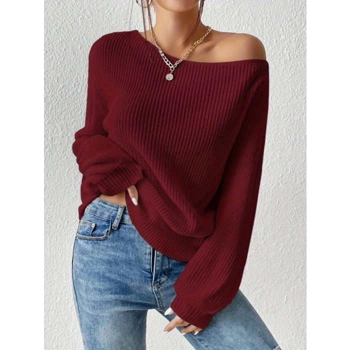 Kadın Uzun Kollu Tek Omuzu Açık Detaylı Triko Bluz