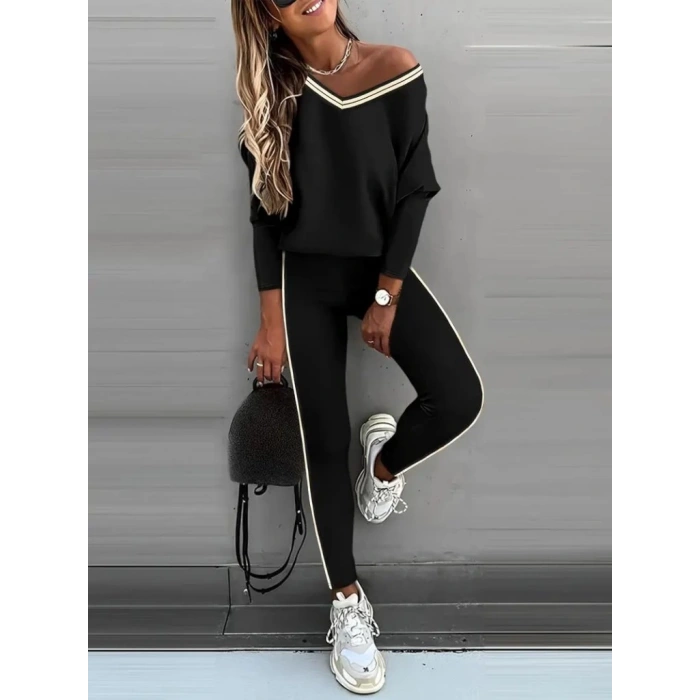 Kadın Uzun Kollu Tek Omuzu Açık Detaylı Viskon Iki Iplik Bluz Ve Pantolon Ikili Takım