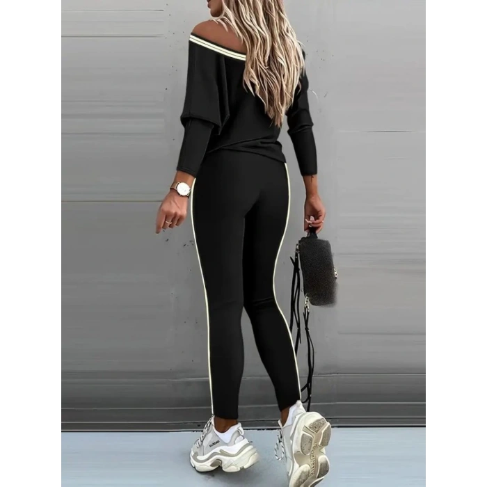 Kadın Uzun Kollu Tek Omuzu Açık Detaylı Viskon Iki Iplik Bluz Ve Pantolon Ikili Takım