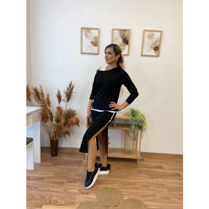 Kadın Uzun Kollu Tek Omuzu Açık Viskon Bluz Içi Atletli Ve Yandan şeritli üçlü Viskon Ikili Takım