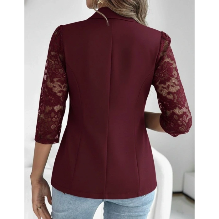 Kadın Uzun Kollu Truvakar Kol önden Düğmeli Cepli Dantelli Atlas Ceket