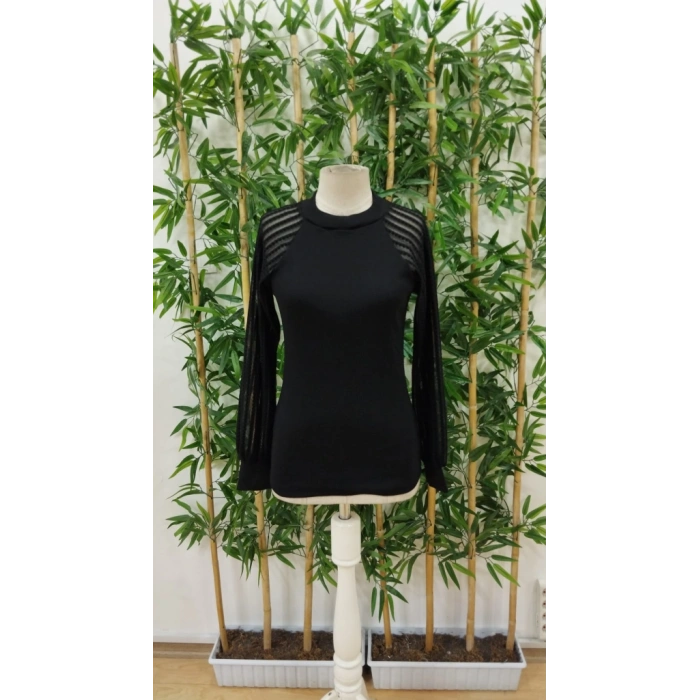 Kadın Uzun Kollu Tül Detaylı Bisiklet Yakalı Kaşkorse Bluz