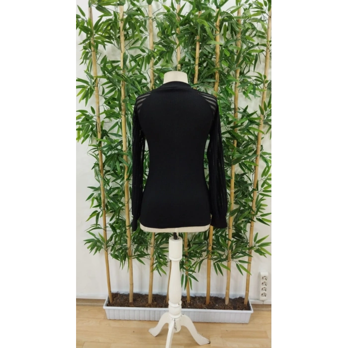 Kadın Uzun Kollu Tül Detaylı Bisiklet Yakalı Kaşkorse Bluz