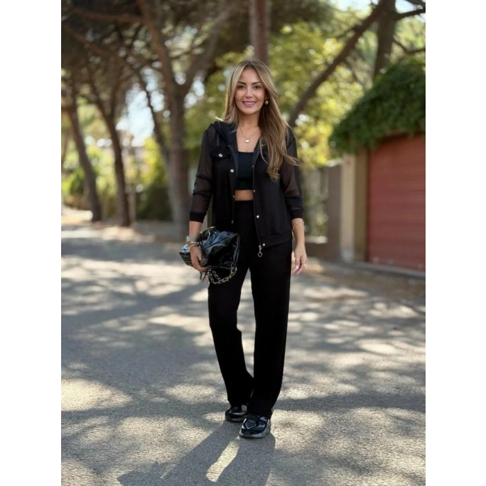 Kadın Uzun Kollu Tül Detaylı önü Düğmeli Viskon Iki Iplik Ceket Ve Pantolon Ikili Takım