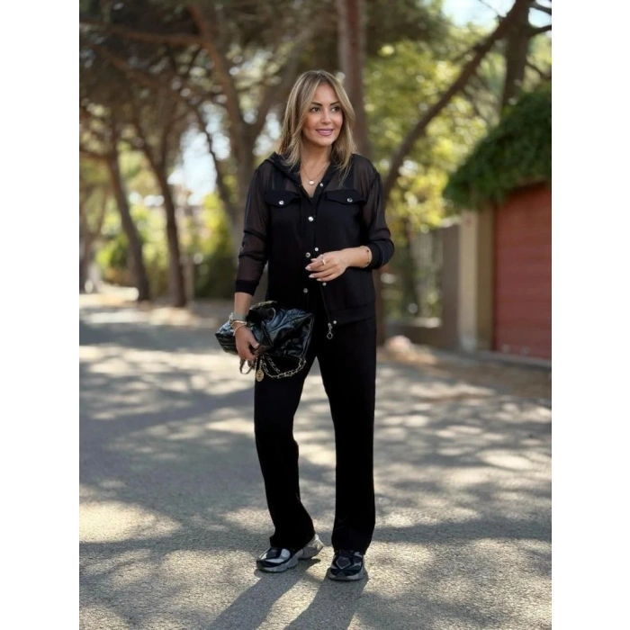 Kadın Uzun Kollu Tül Detaylı önü Düğmeli Viskon Iki Iplik Ceket Ve Pantolon Ikili Takım