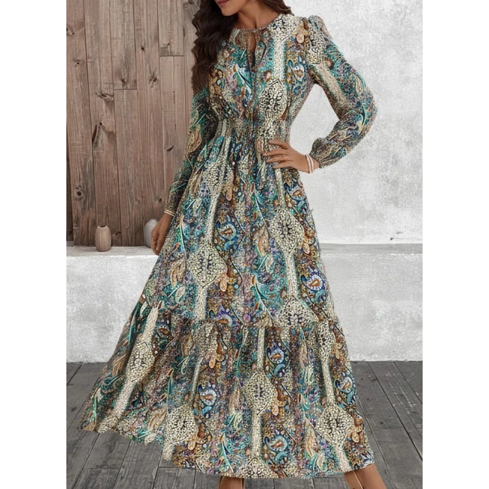 Kadın Uzun Kollu Uakadabağcıklı Beli Lastikli Desenli Uzun Süprem Elbise