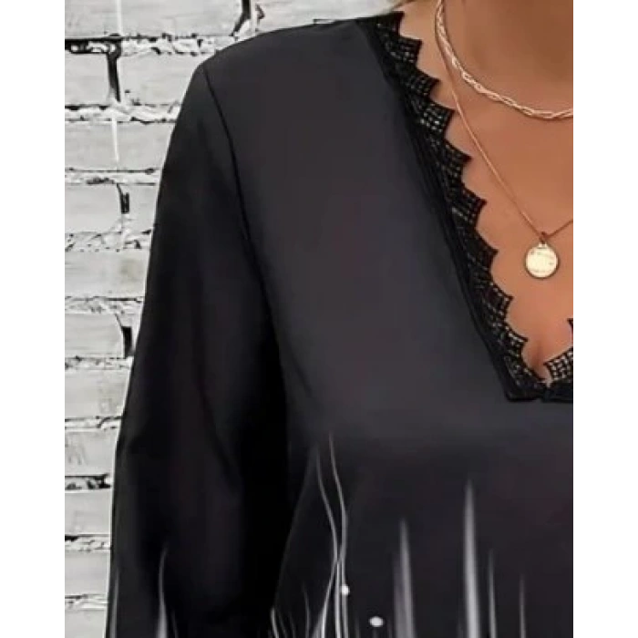 Kadın Uzun Kollu V Dantel Yaka Desenli Modal Bluz