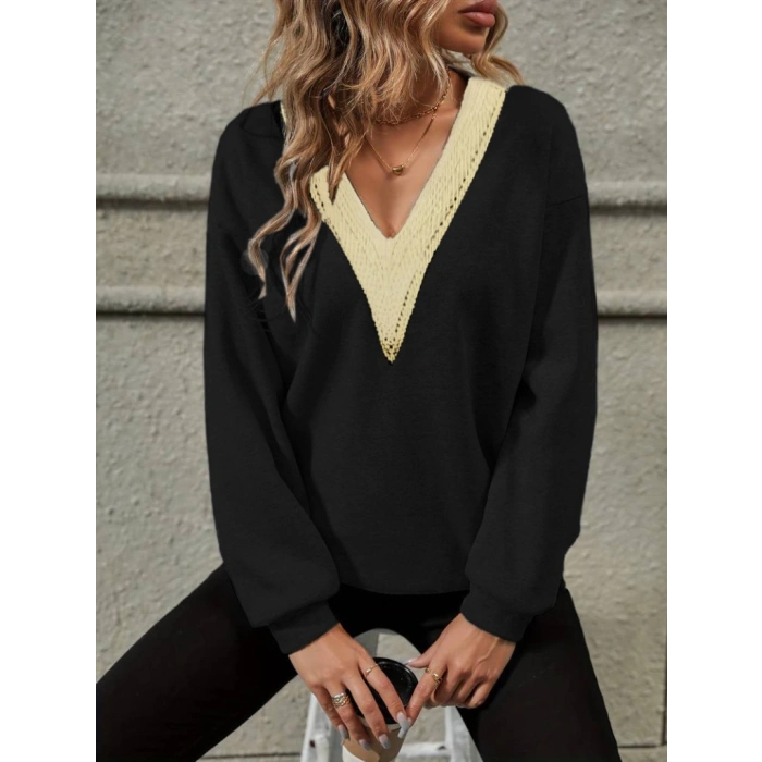 Kadın Uzun Kollu V Dantel Yaka şardonsuz üç Iplik Bluz