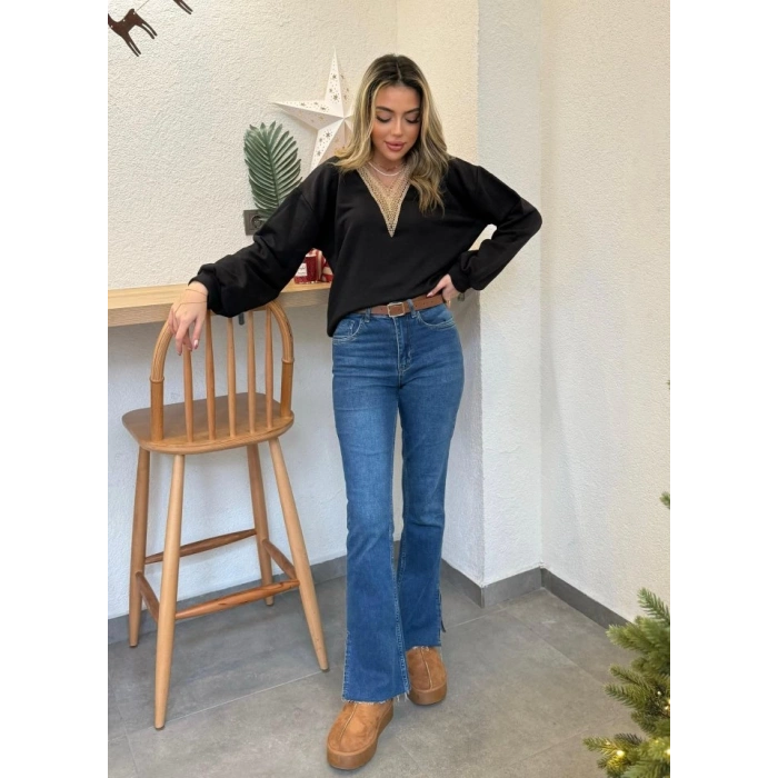 Kadın Uzun Kollu V Dantel Yaka şardonsuz üç Iplik Bluz