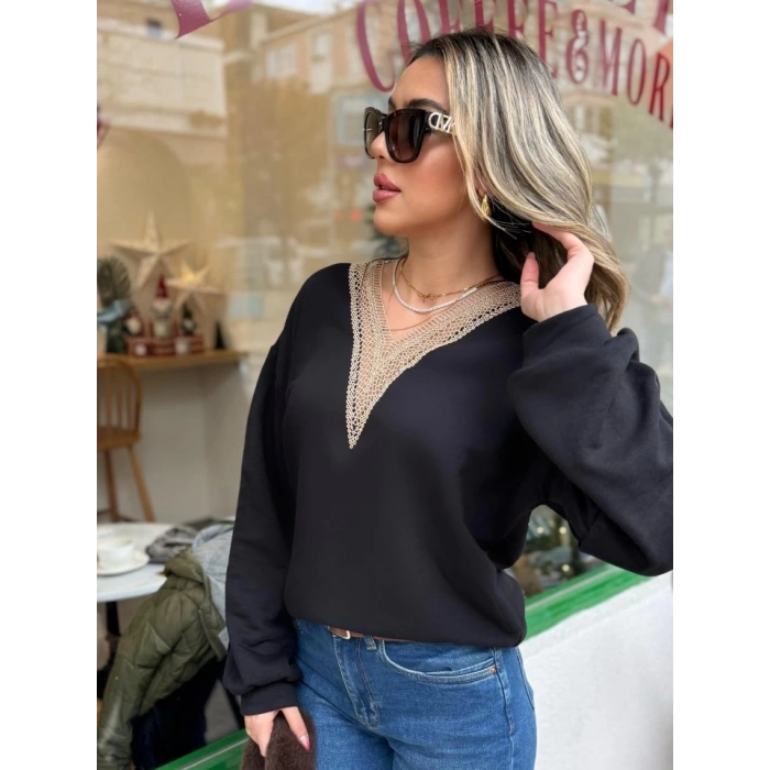 Kadın Uzun Kollu V Dantel Yaka şardonsuz üç Iplik Bluz