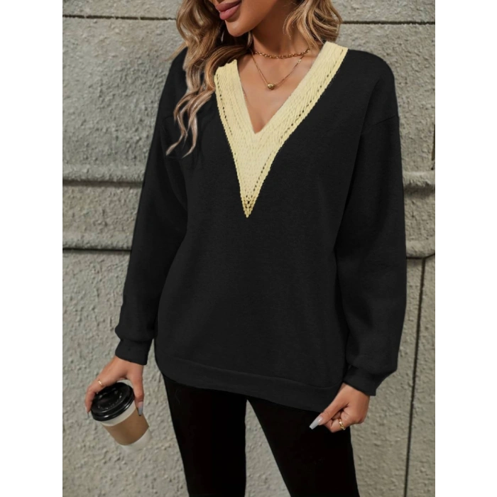 Kadın Uzun Kollu V Dantel Yaka şardonsuz üç Iplik Bluz