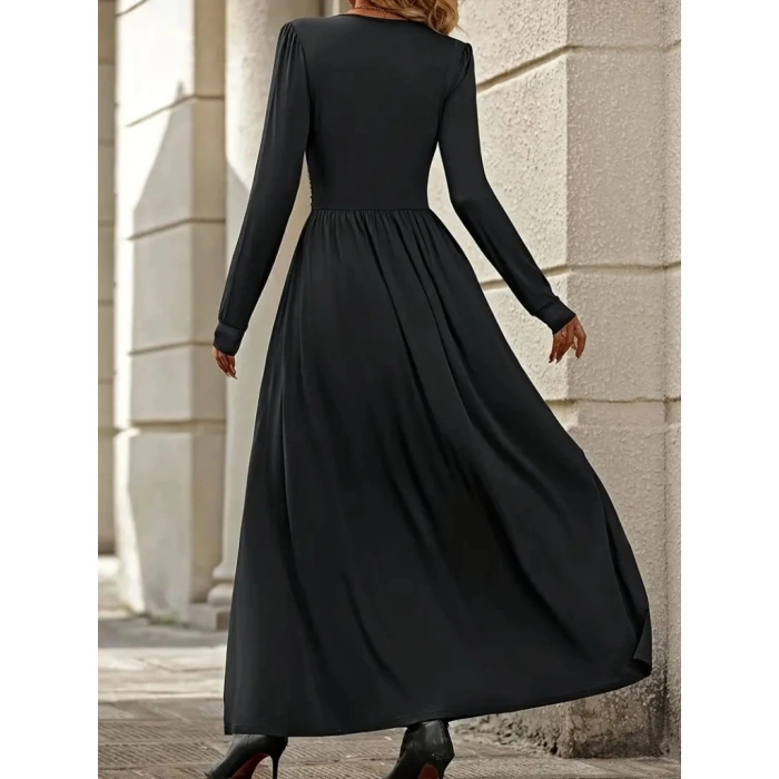 Kadın Uzun Kollu V Dantel Yakalı Yırtmaçlı Uzun Sandy Elbise