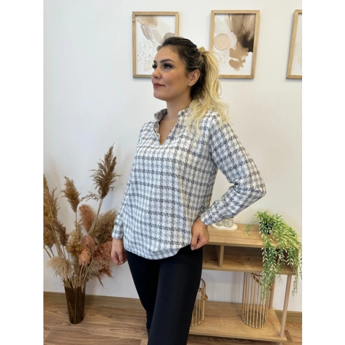 Kadın Uzun Kollu V Hakim Yaka çok Renkli Dokuma Bluz