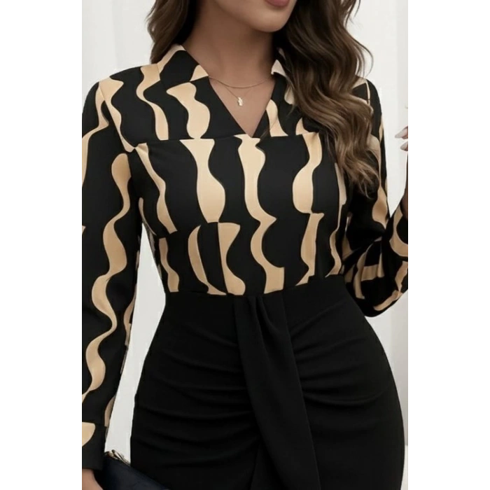 Kadın Uzun Kollu V Hakim Yakalı Desenli Dalgıç Bluz Ve önden Büzgülü Krep Ikili Takım