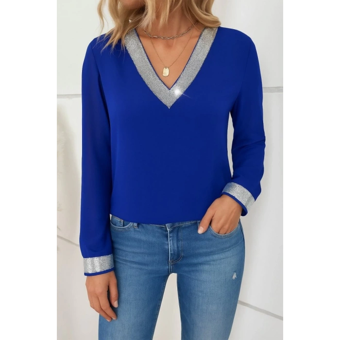 Kadın Uzun Kollu V Pulpayet Yakalı Ithal Krep Bluz